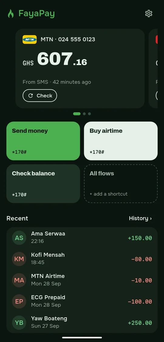 FayaPay's home screen in dark mode: an MTN MoMo account with its balance, flow buttons and recent payments