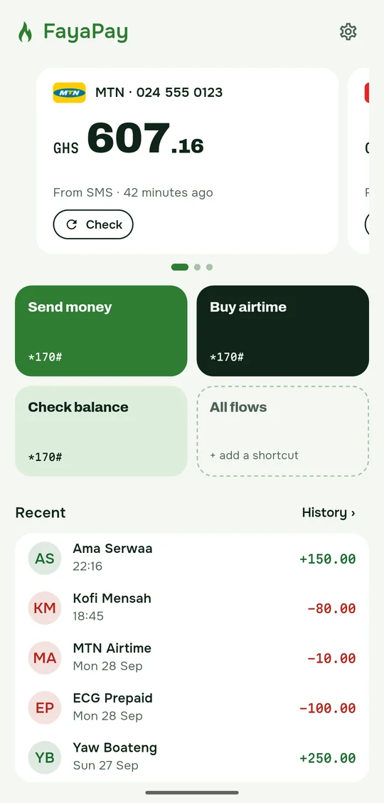 FayaPay's home screen: an MTN MoMo account with its balance, flow buttons and recent payments