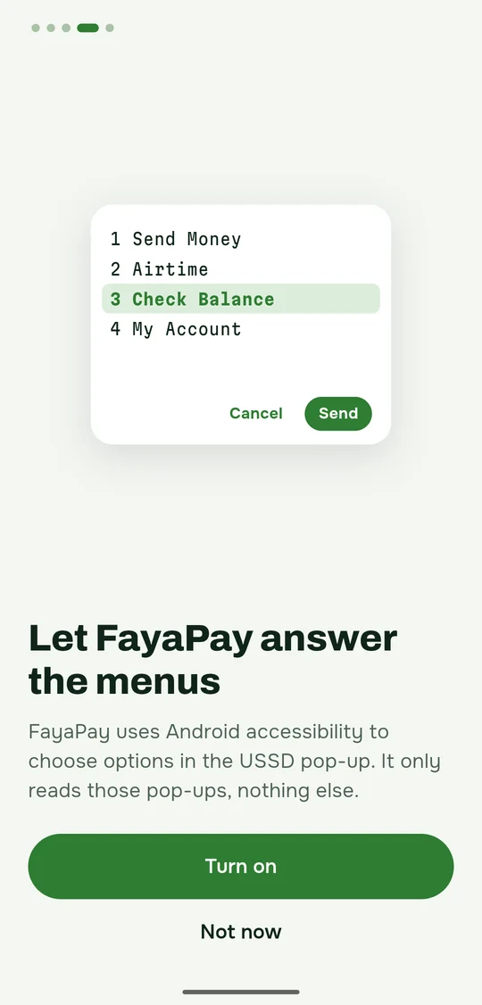 Let FayaPay answer the menus: a USSD pop-up with 3 Check Balance chosen and Send pressed