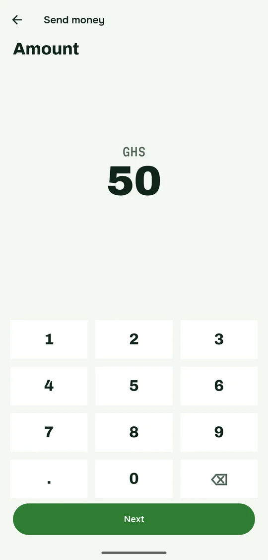 Amount: GHS 50 entered on the number pad