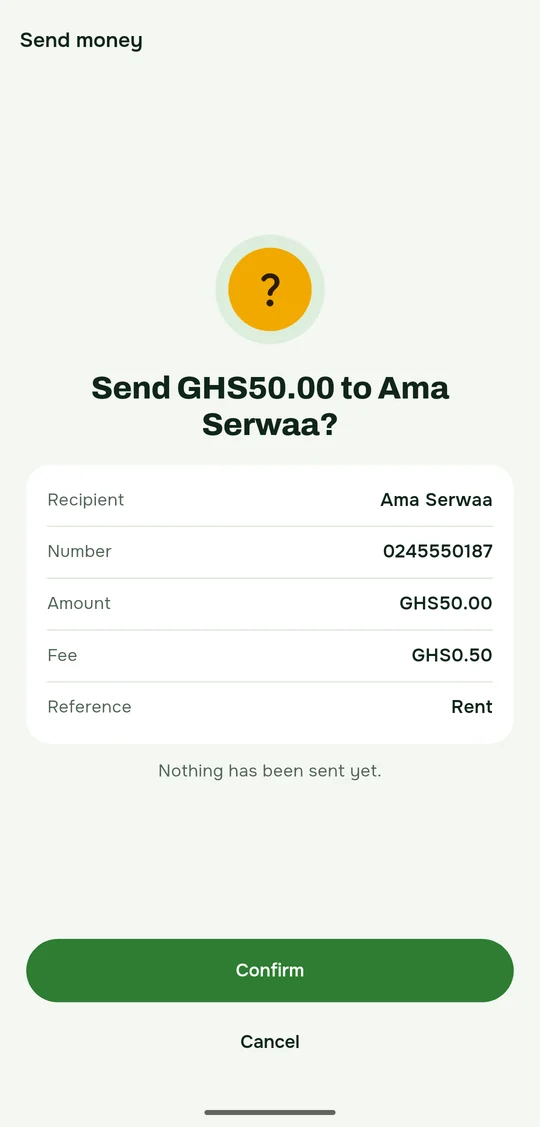 Send GHS50.00 to Ama Serwaa? The recipient, number, amount, fee and reference, with Confirm and Cancel