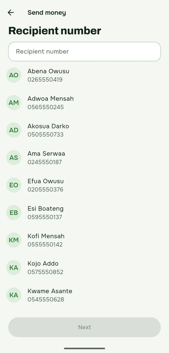 Recipient number: a list of contacts to pick from